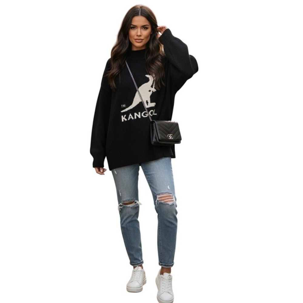 Kangol x H&M Black Turtleneck Sweater Embroidered Kangaroo Logo XL